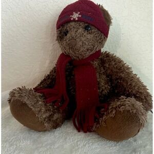Fossil Authentic Brown Teddy Bear Plush Red Scarf Hat Soft Stuffed‎ Animal 14"